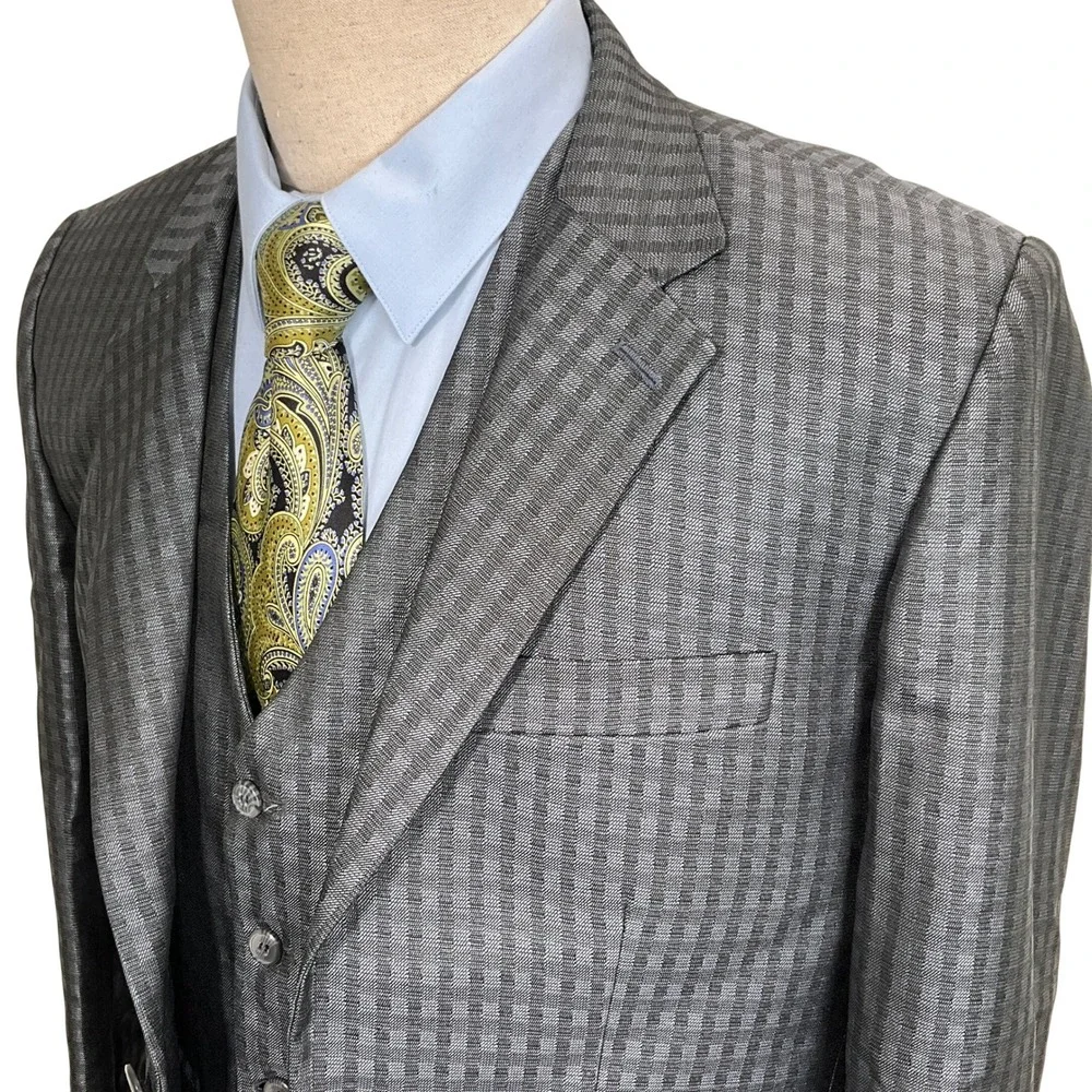 Bespoke Mens 40S Jacket and Vest Grey Check Texture Shimmer Formal Party 2pc Set